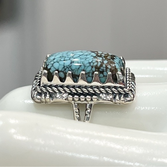 Blue Moon Turquoise Black Oxidized Sterling Silver Rectangular BOHO Ring Sz 7 - Picture 8 of 10